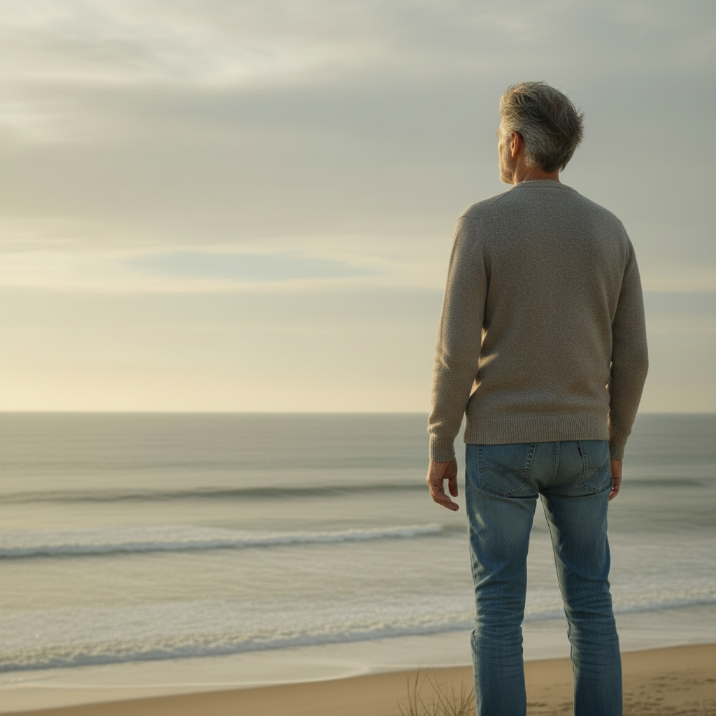 Older white male back view, arms relaxed at sides, looking at ocean