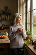 Person holding cup with both hands looking out kitchen window