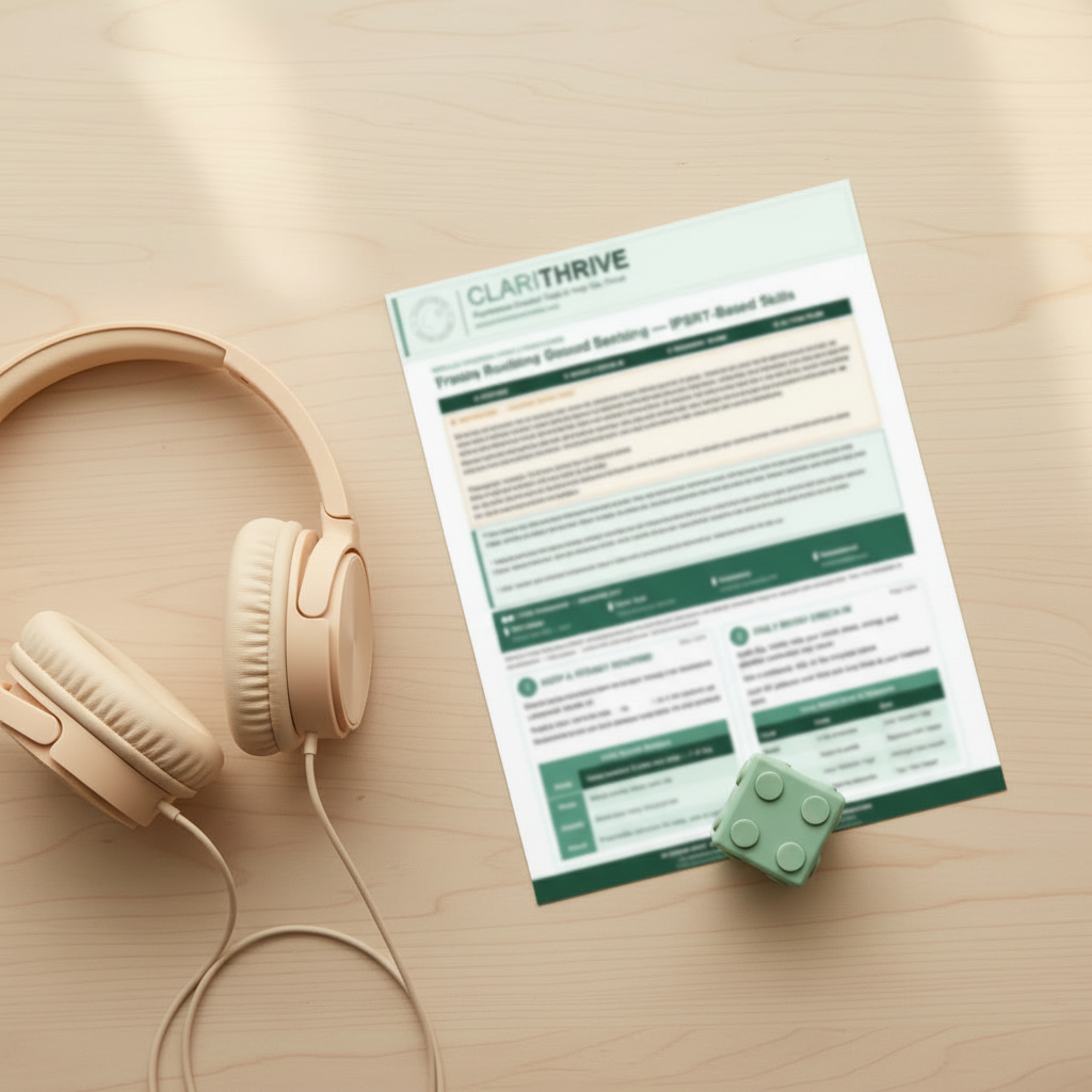 PTSD Card Mockup — Blurred Card on Desk with Headphones and Fidget Cube